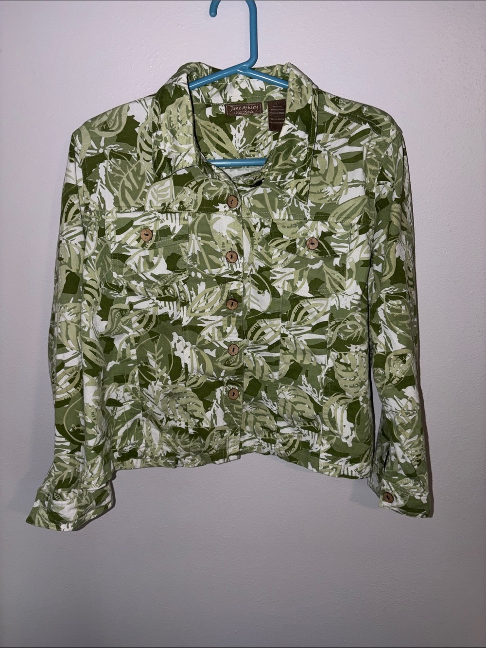 Jane Ashley Olive Green Leaf-Print Cotton Jean Jacket, sz L